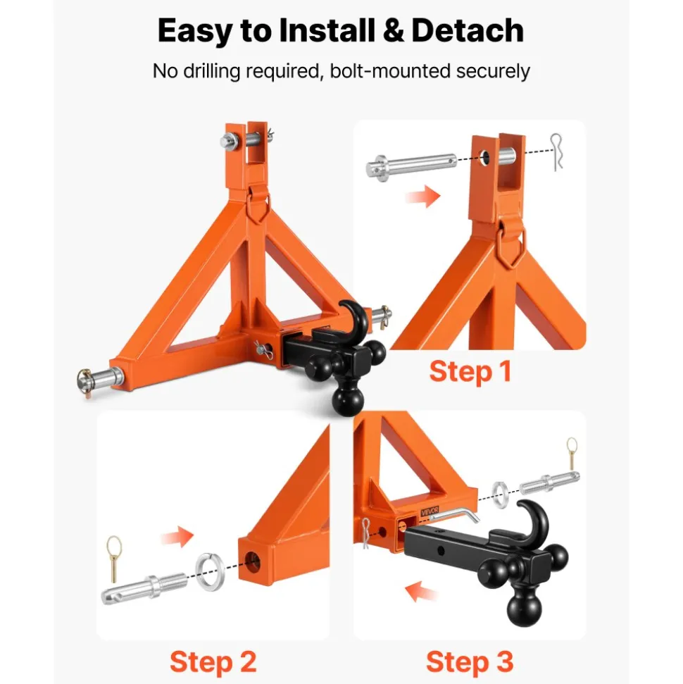 VEVOR 3 Point Trailer Hitch with 2" Receiver, 3 Pt Quick Hitch Attachment with 3 Trailer Balls, Tractor Tow Drawbar Adapter for Category 1, Kubota, Mahindra, Ford, Yanmar, John Deere, Massey Ferguson
