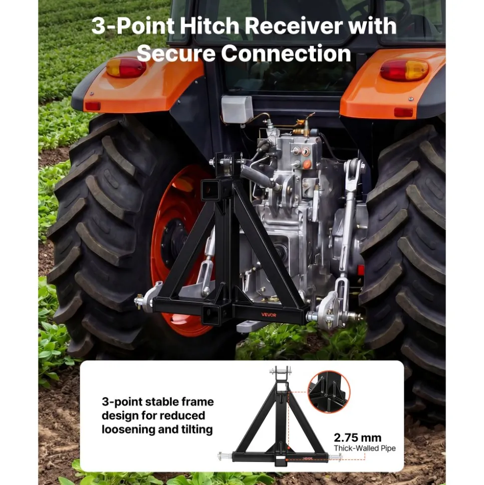 VEVOR 3 Point Trailer Hitch with 2" Receiver, 3 Pt Quick Hitch Attachment, Tractor Tow Drawbar Adapter, Compatible with Category 1, Kubota, Mahindra, Ford, Yanmar, John Deere, Massey Ferguson, Tractor