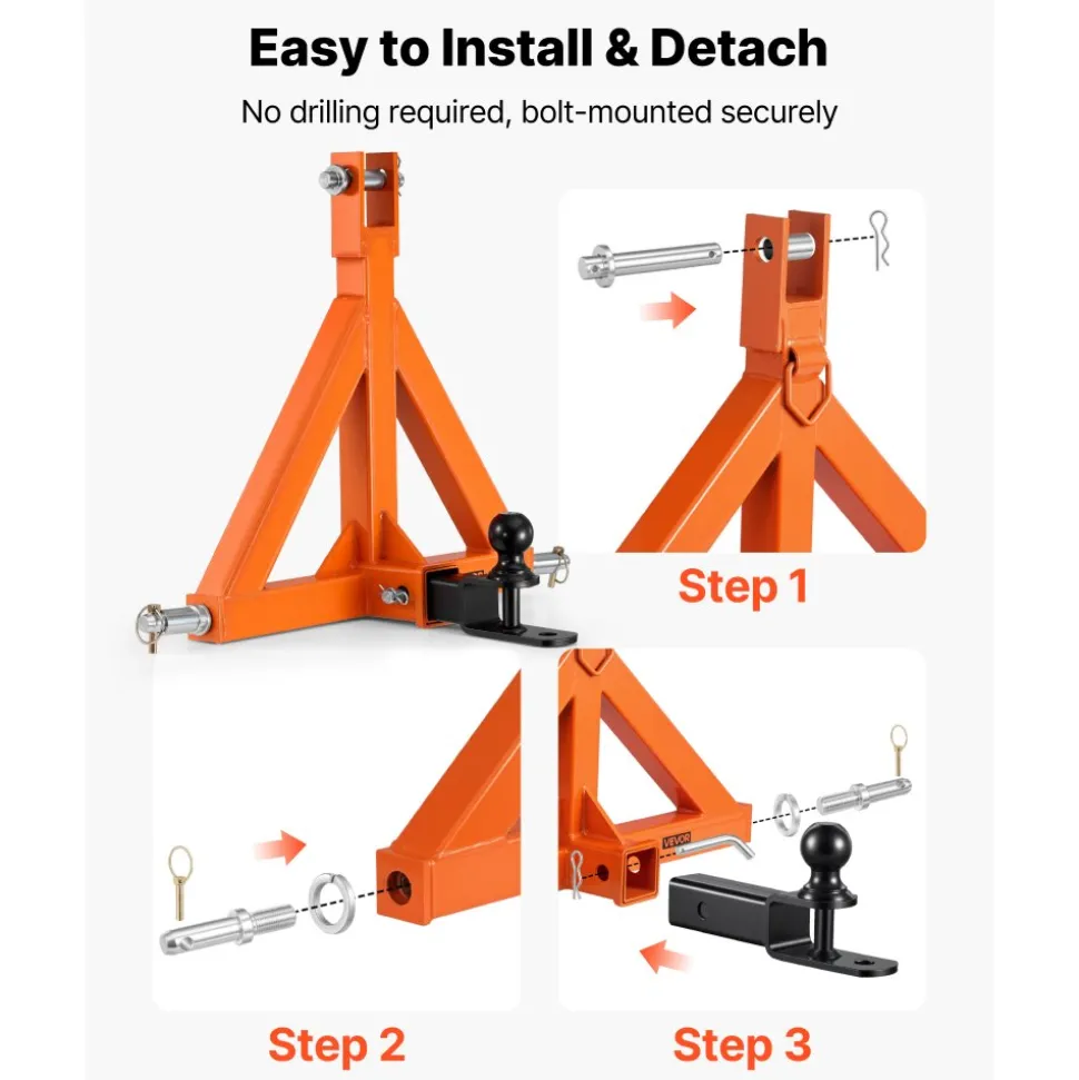 VEVOR 3 Point Trailer Hitch with 2" Receiver, 3 Pt Quick Hitch Attachment with Trailer Ball, Tractor Tow Drawbar Adapter, Fits Category 1, Kubota, Mahindra, Ford, Yanmar, John Deere, Massey Ferguson