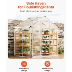 VEVOR Polycarbonate Greenhouse, 6 x 4 Ft, Outdoor Greenhouse with Adjustable Vent Windows, Pavilion Styled Greenhouse with Sliding Door, Aluminum Large Walk-in Greenhouse Kit for Garden Backyard