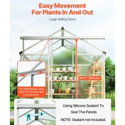 VEVOR Polycarbonate Greenhouse, 6 x 4 Ft, Outdoor Greenhouse with Adjustable Vent Windows, Pavilion Styled Greenhouse with Sliding Door, Aluminum Large Walk-in Greenhouse Kit for Garden Backyard