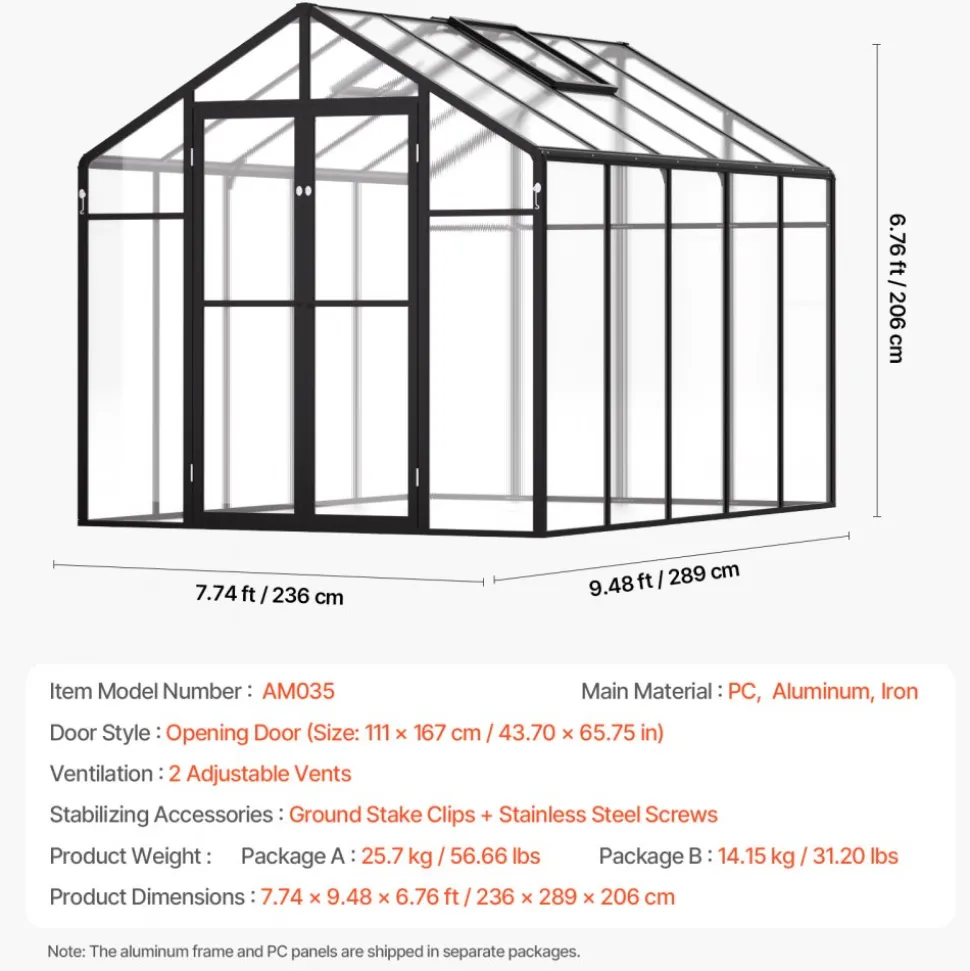 VEVOR Polycarbonate Greenhouse, 8 x 10 Ft, Outdoor Greenhouse with 2 Vent Windows, Pavilion Styled Greenhouse with Hinged Door, Aluminum Large Walk-in Greenhouse Kit for Outside Garden Backyard