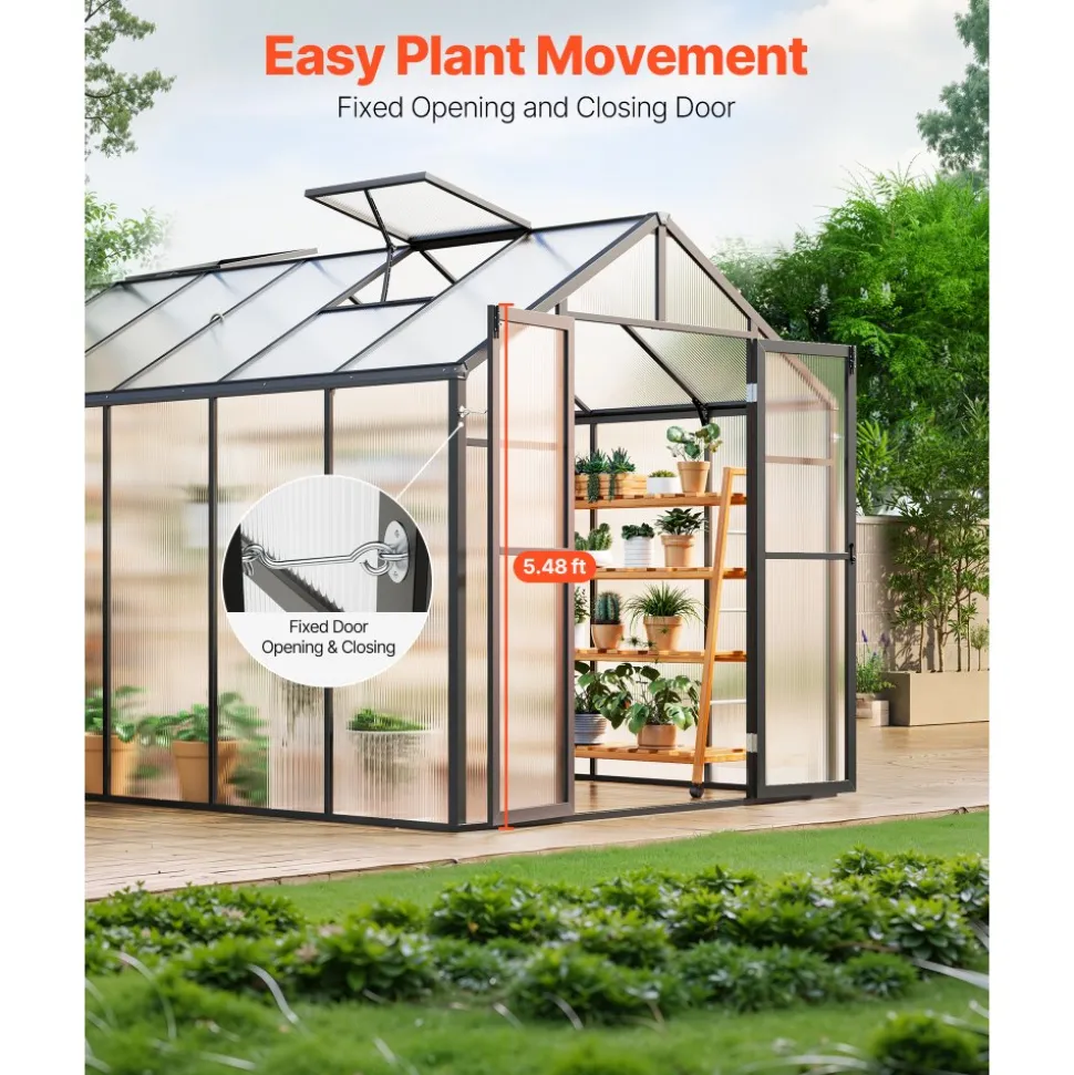 VEVOR Polycarbonate Greenhouse, 8 x 12 Ft, Outdoor Greenhouse with 2 Vent Windows, Pavilion Styled Greenhouse with Hinged Door, Aluminum Large Walk-in Greenhouse Kit for Outside Garden Backyard
