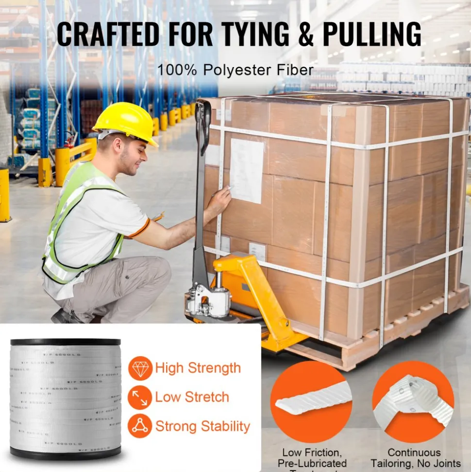 VEVOR Polyester Pull Tape, 1" x 2103' Mule Tape Flat Rope, 6000 lbf Tensile Capacity, Printed Webbing Cable Pulling Tape for Packaging, Gardening, Commercial Electrical, Conduit Work, White