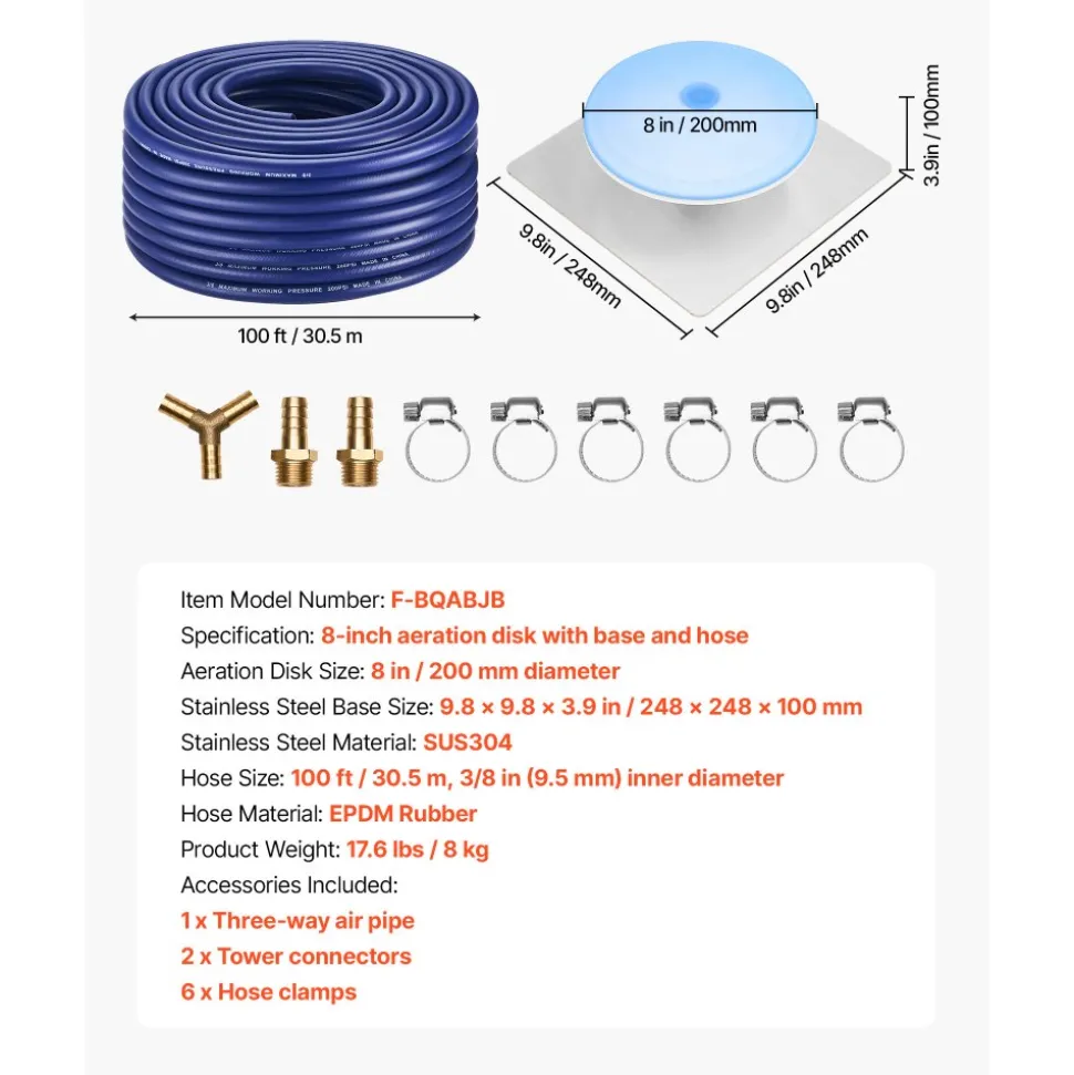 VEVOR Pond Aerator Air Diffuser & 3/8 in Self Sinking Aeration Hose Kit, 8in Silicone Lake Aeration Diffuser with 100ft Flexible Pond Aerator Hose Kit for Ponds Lakes Water Gardens