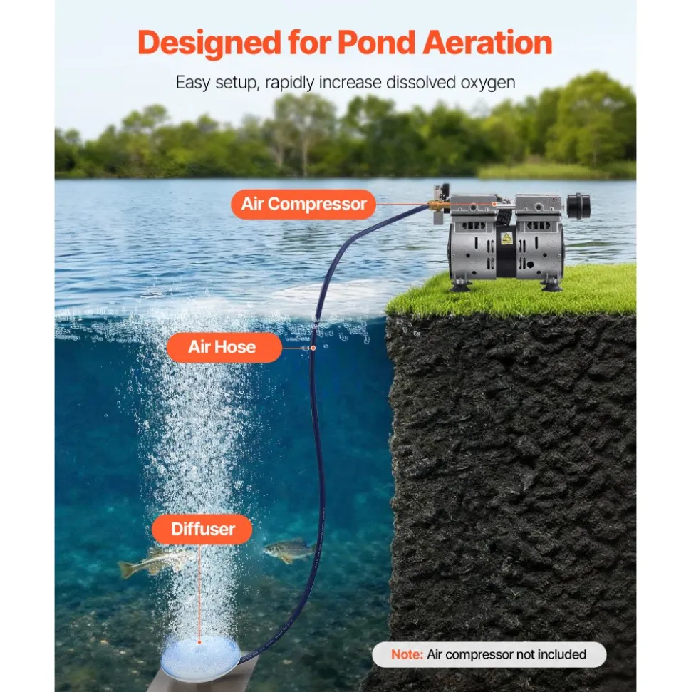 VEVOR Pond Aerator Air Diffuser & 3/8 in Self Sinking Aeration Hose Kit, 8in Silicone Lake Aeration Diffuser with 100ft Flexible Pond Aerator Hose Kit for Ponds Lakes Water Gardens