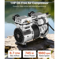 VEVOR Pond Aerator, 6.7CFM 1 HP Air Compressor, Lake Aerator for Ponds up to 3 Acres, Overheat Protection & Anti-Backflow Valve, 745W Powerful Motor, Pond Aeration Pump for Water Oxygen Circulation