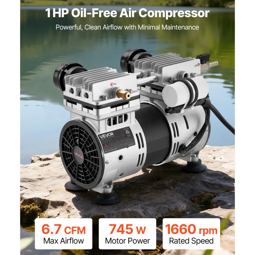 VEVOR Pond Aerator, 6.7CFM 1 HP Air Compressor, Lake Aerator for Ponds up to 3 Acres, Overheat Protection & Anti-Backflow Valve, 745W Powerful Motor, Pond Aeration Pump for Water Oxygen Circulation