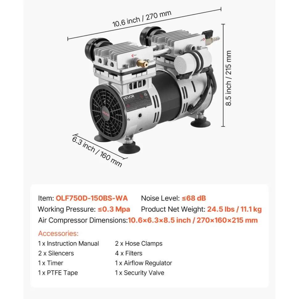 VEVOR Pond Aerator, 6.7CFM 1 HP Air Compressor, Lake Aerator for Ponds up to 3 Acres, Overheat Protection & Anti-Backflow Valve, 745W Powerful Motor, Pond Aeration Pump for Water Oxygen Circulation