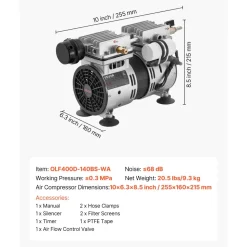 VEVOR Pond Aerator,5.2CFM 3/4 HP Air Compressor, Lake Aerator for Ponds up to 3 Acres, Overheat Protection & Anti-Backflow Valve, 550W Powerful Motor, Pond Aeration Pump for Water Oxygen Circulation