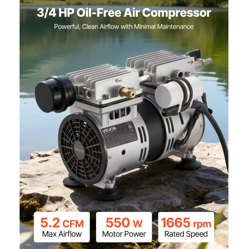 VEVOR Pond Aerator,5.2CFM 3/4 HP Air Compressor, Lake Aerator for Ponds up to 3 Acres, Overheat Protection & Anti-Backflow Valve, 550W Powerful Motor, Pond Aeration Pump for Water Oxygen Circulation