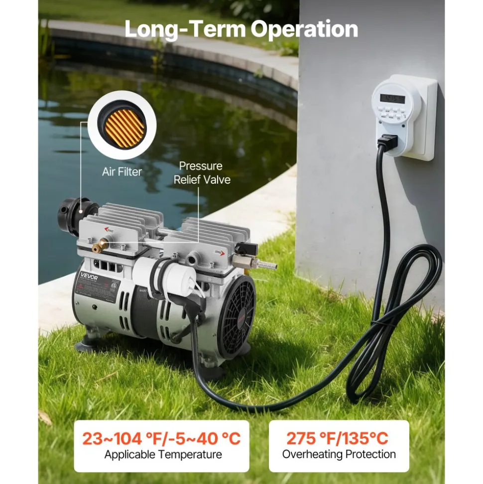 VEVOR Pond Aerator,5.2CFM 3/4 HP Air Compressor, Lake Aerator for Ponds up to 3 Acres, Overheat Protection & Anti-Backflow Valve, 550W Powerful Motor, Pond Aeration Pump for Water Oxygen Circulation