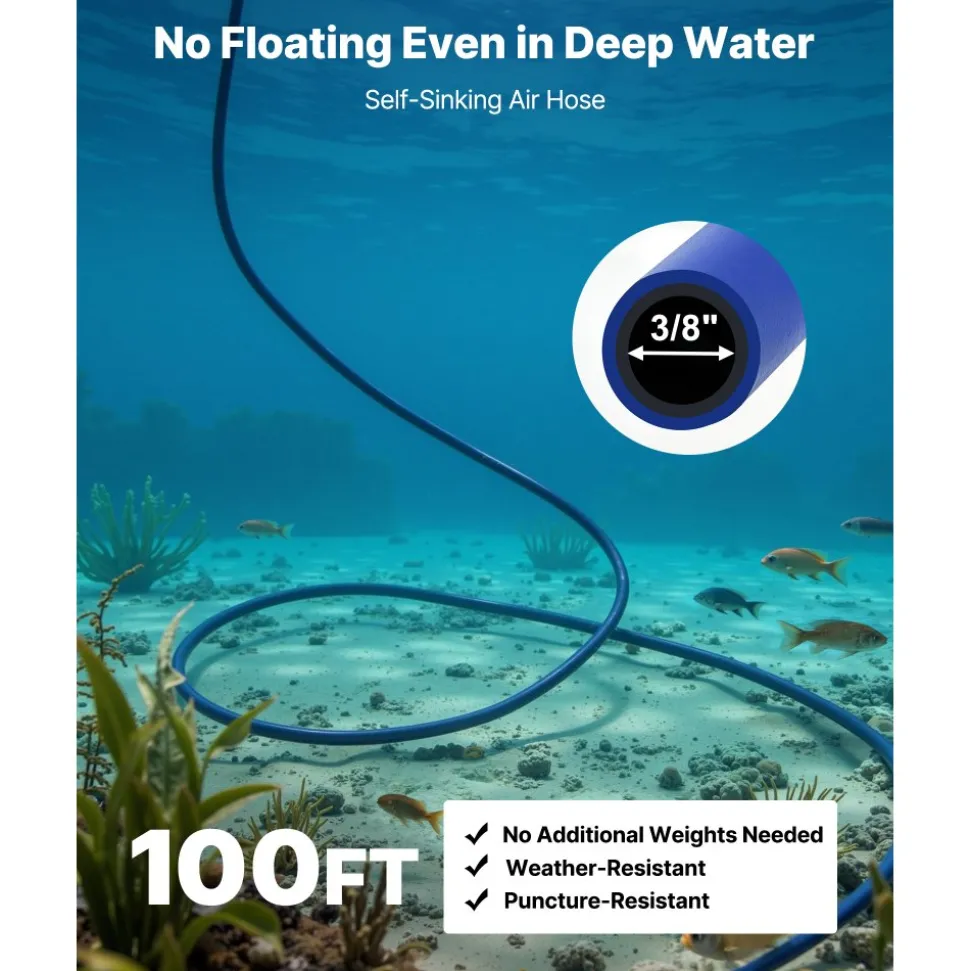 VEVOR Pond Aerators, 5.2CFM Aeration System for Lakes up to 3 Acres, 3/4 HP Air Compressor, 2 Diffusers & Two 100' Weighted Tubings, Outdoor Pond Aeration Pump for Deep Water Oxygen Circulation
