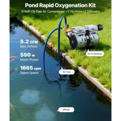 VEVOR Pond Aerators, 5.2CFM Aeration System for Lakes up to 3 Acres, 3/4 HP Air Compressor, 2 Diffusers & Two 100' Weighted Tubings, Outdoor Pond Aeration Pump for Deep Water Oxygen Circulation