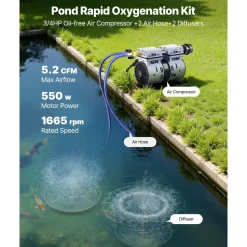 VEVOR Pond Aerators, 5.2CFM Aeration System for Lake up to 3 Acres, 3/4 HP Air Compressor, 2 Diffusesr & Two100' Weighted Tubings, Aeration Pump for Outdoor Ponds & Lakes Deep Water Oxygen Circulation