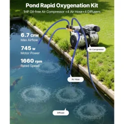 VEVOR Pond Aerators, 6.7CFM Aeration System for Lakes up to 3 Acres, 1 HP Air Compressor, 4 Diffusers & Four 100' Weighted Tubing, Outdoor Pond Aeration Pump for Deep Water Oxygen Circulation