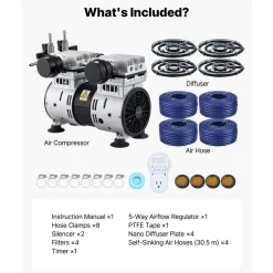 VEVOR Pond Aerators, 6.7CFM Aeration System for Lakes up to 3 Acres, 1 HP Air Compressor, 4 Diffusers & Four 100' Weighted Tubing, Outdoor Pond Aeration Pump for Deep Water Oxygen Circulation