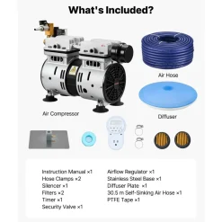 VEVOR Pond Aerators, 5.2CFM Aeration System for Lakes up to 3 Acres, 3/4 HP Air Compressor, 1 Diffuser & 100' Weighted Tubing, Outdoor Pond Aeration Pump for Deep Water Oxygen Circulation