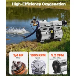 VEVOR Pond Aerator, 550W Power, 5.2CFM for Up to 3 Acre 50' Lake, Pond Aeration Kit Includes 3/4 HP Compressor & Timer & Valves, Air Compressor for Deep Water Oxygen Circulation, for Pond, Lake