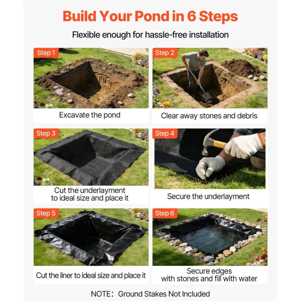 VEVOR Pond Liner 15 x 20 ft, 45 Mil, EPDM Rubber Fish Koi Pond Liner and Underlayment Combo, Easy to Cut, Durable & Leakproof, for Outdoor Ponds, Water Garden, Waterfall, Fishpond, Fountains, Black