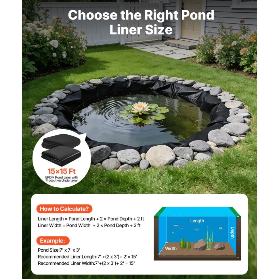 VEVOR Pond Liner 15 x 20 ft, 45 Mil, EPDM Rubber Fish Koi Pond Liner and Underlayment Combo, Easy to Cut, Durable & Leakproof, for Outdoor Ponds, Water Garden, Waterfall, Fishpond, Fountains, Black