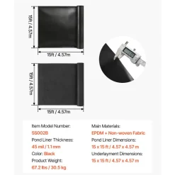 VEVOR Pond Liner 15 x 20 ft, 45 Mil, EPDM Rubber Fish Koi Pond Liner and Underlayment Combo, Easy to Cut, Durable & Leakproof, for Outdoor Ponds, Water Garden, Waterfall, Fishpond, Fountains, Black
