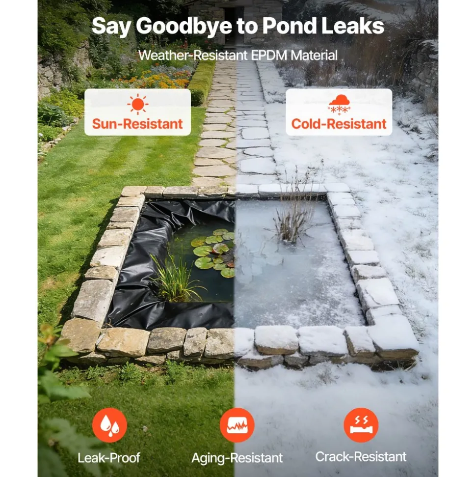 VEVOR Pond Liner 15 x 20 ft, 45 Mil, EPDM Rubber Fish Koi Pond Liner and Underlayment Combo, Easy to Cut, Durable & Leakproof, for Outdoor Ponds, Water Garden, Waterfall, Fishpond, Fountains, Black
