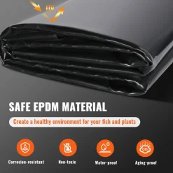 VEVOR Pond Liner, 15 x 20 ft 45 Mil Thickness, Pliable EPDM Material Pond Skins, Easy Cutting Underlayment for Fish or Koi Ponds, Water Features, Waterfall Base, Fountains, Water Gardens, Black