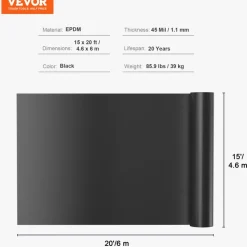 VEVOR Pond Liner, 15 x 20 ft 45 Mil Thickness, Pliable EPDM Material Pond Skins, Easy Cutting Underlayment for Fish or Koi Ponds, Water Features, Waterfall Base, Fountains, Water Gardens, Black