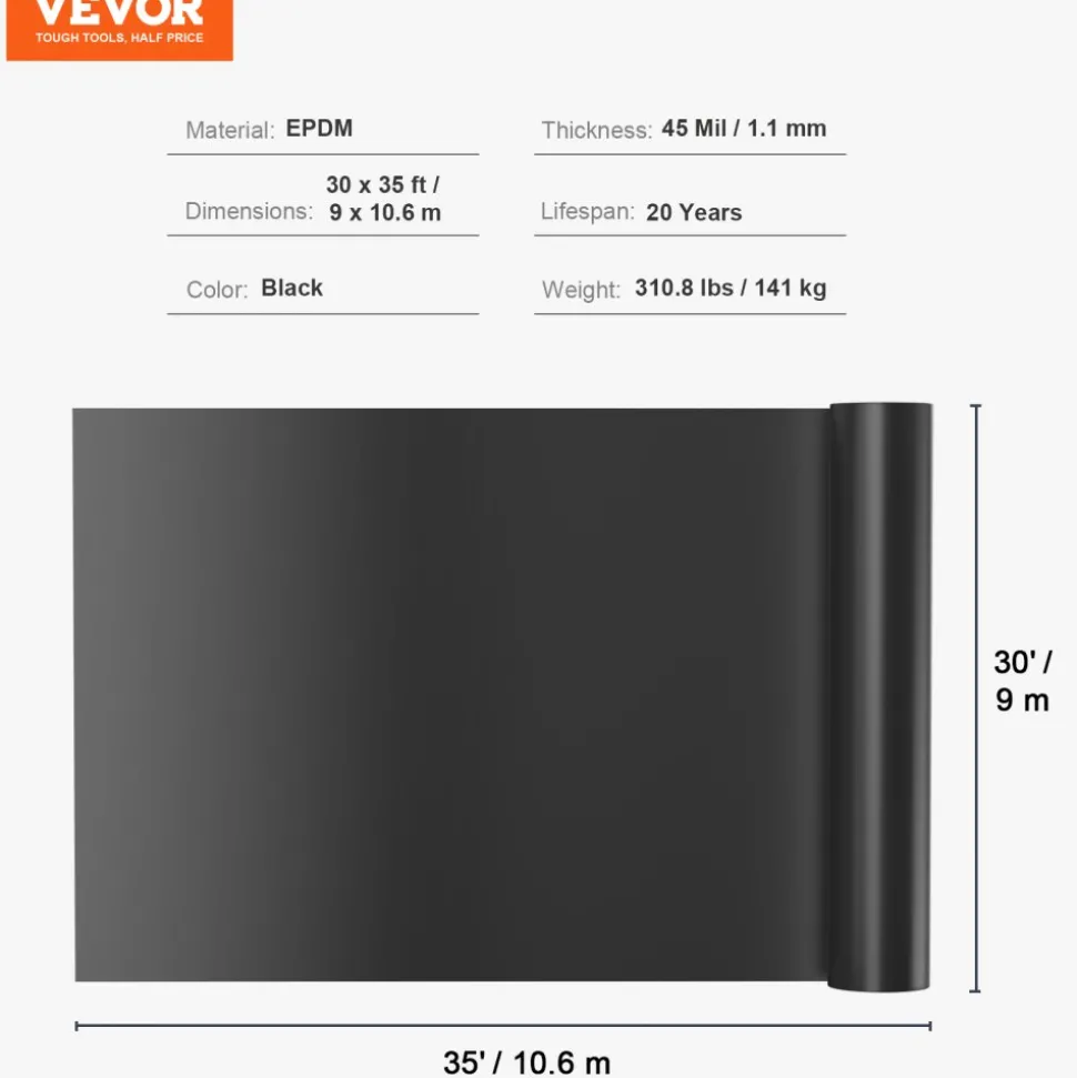 VEVOR Pond Liner, 30 x 35 ft 45 Mil Thickness, Pliable EPDM Material Pond Skins, Easy Cutting Underlayment for Fish or Koi Ponds, Water Features, Waterfall Base, Fountains, Water Gardens, Black