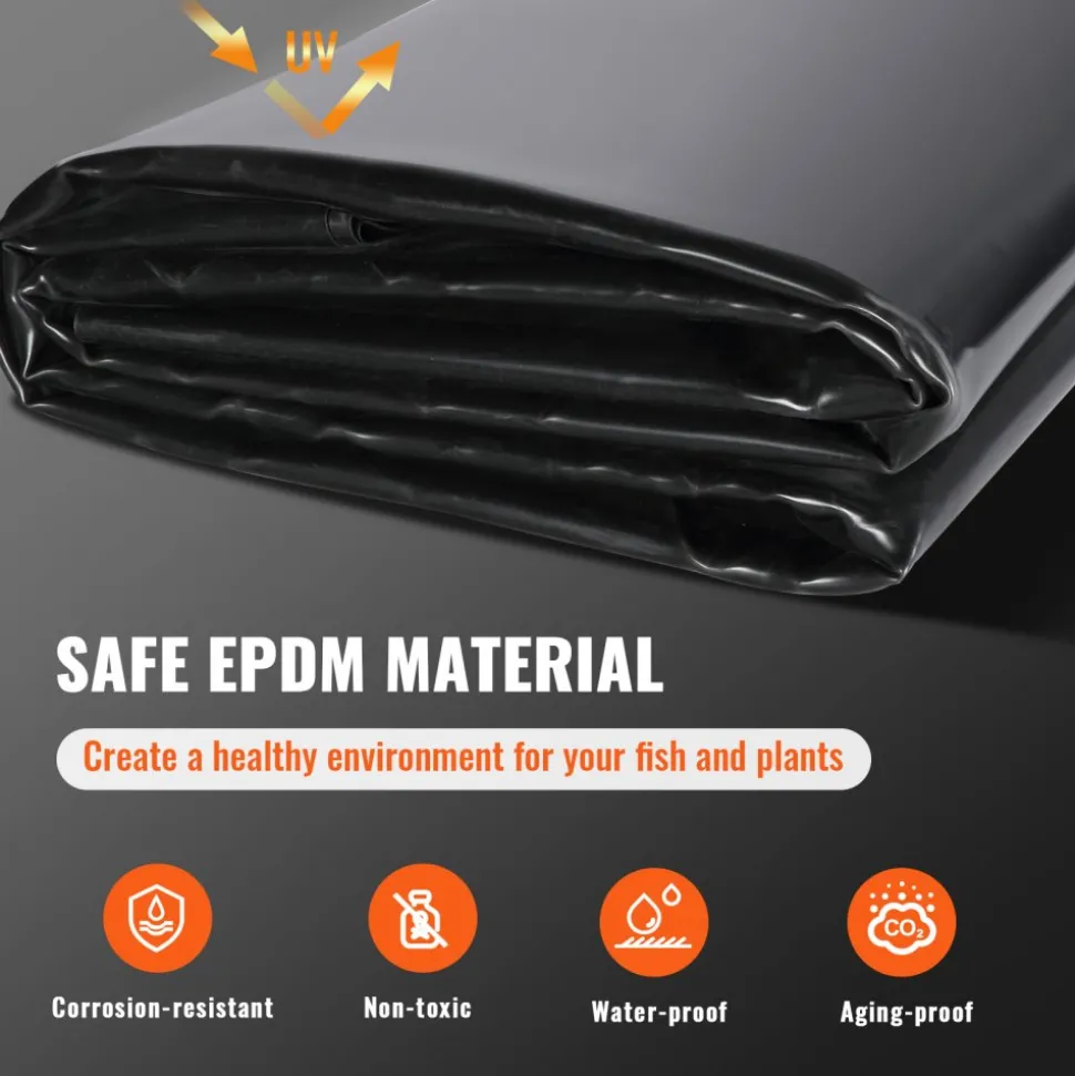 VEVOR Pond Liner, 30 x 35 ft 45 Mil Thickness, Pliable EPDM Material Pond Skins, Easy Cutting Underlayment for Fish or Koi Ponds, Water Features, Waterfall Base, Fountains, Water Gardens, Black