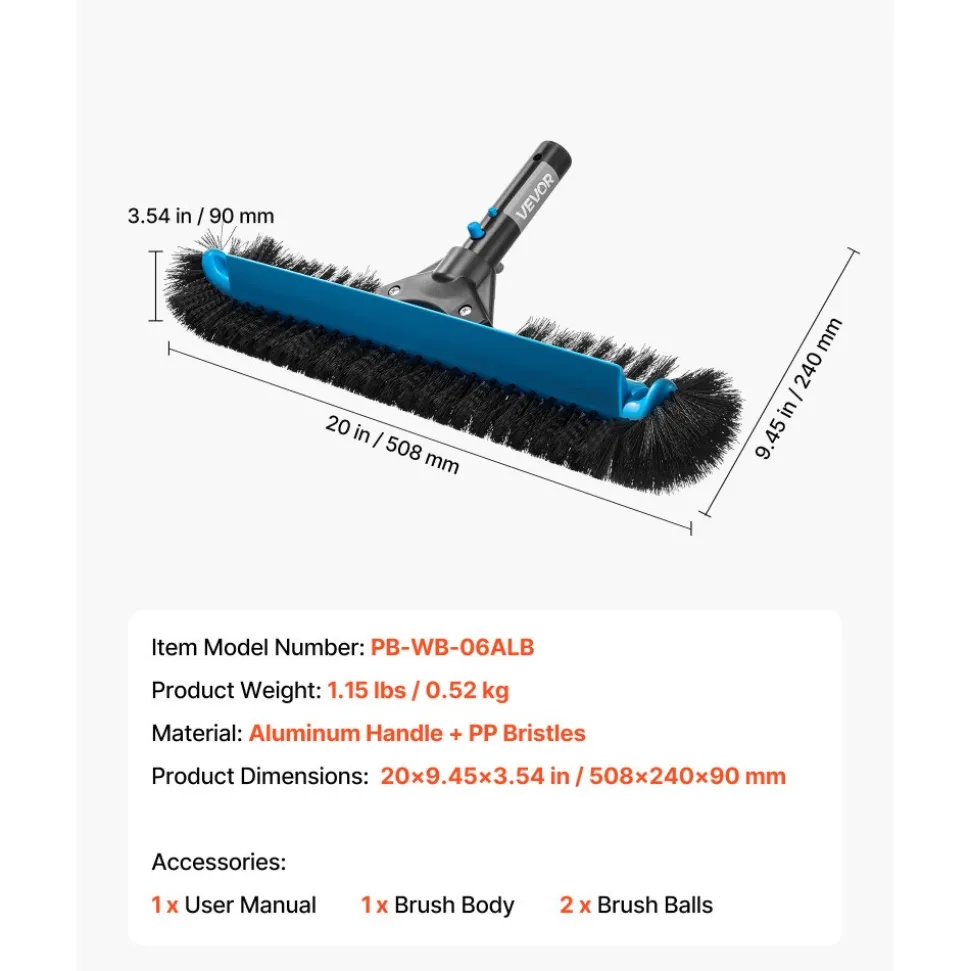 VEVOR Pool Brush Head, 20 Inch Scrub Brushes with Nylon Bristles and Aluminum Pole Connector, Heavy Duty Curved Brush Head for Cleaning Inground/Above Ground Swimming Pool Walls, Pole Not Included