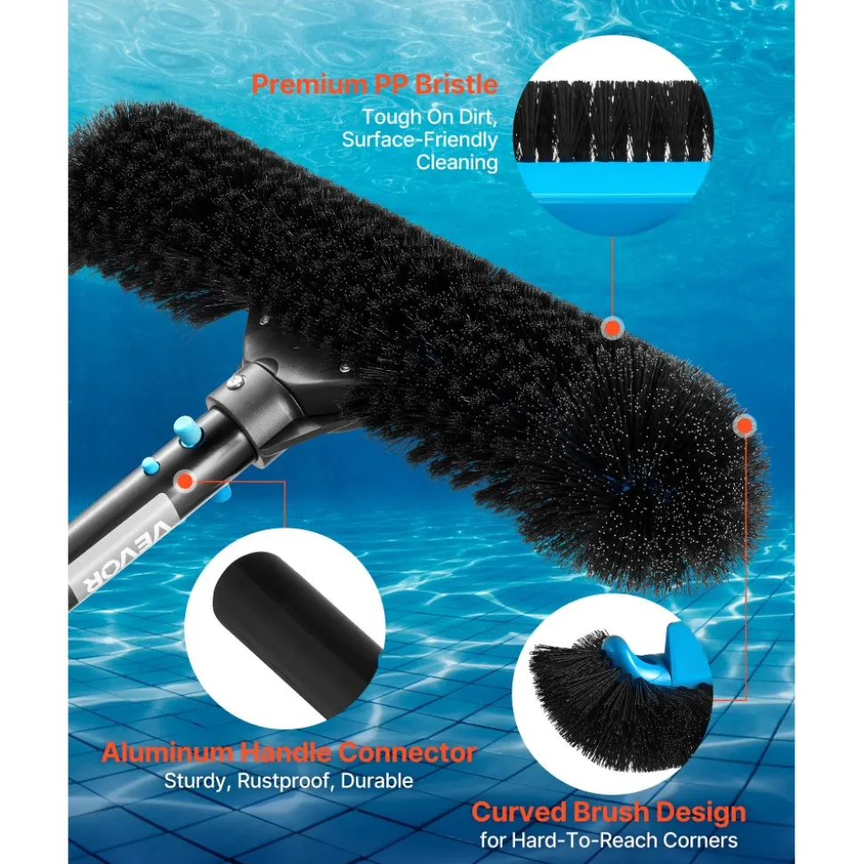VEVOR Pool Brush Head, 20 Inch Scrub Brushes with Nylon Bristles and Aluminum Pole Connector, Heavy Duty Curved Brush Head for Cleaning Inground/Above Ground Swimming Pool Walls, Pole Not Included
