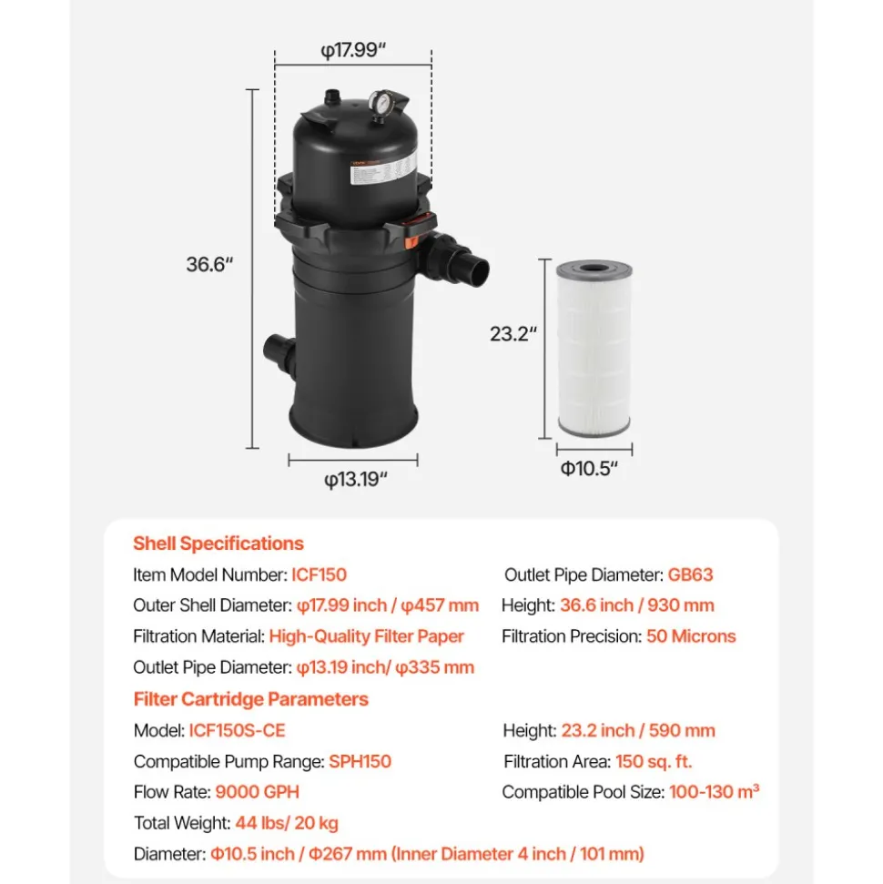 VEVOR Pool Cartridge Filter, 150 sq.ft², High-Efficiency Swimming Pool Filter with Valve, 9000 GPH Spa Filtration Cleaning & Clearing System for In-Ground & Above Pools up to 34342 Gallons