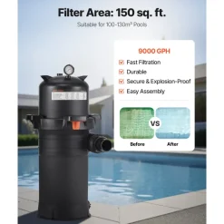VEVOR Pool Cartridge Filter, 150 sq.ft², High-Efficiency Swimming Pool Filter with Valve, 9000 GPH Spa Filtration Cleaning & Clearing System for In-Ground & Above Pools up to 34342 Gallons