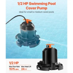 VEVOR Pool Cover Pump, 1/2 HP 1575 GPH, 120V Submersible Swimming Pool Cover Pump with 25 ft Power Cord, 24 ft Max Head Lift, Water Removal and Transfer Pump, for Pool Draining Inflatable Water Parks