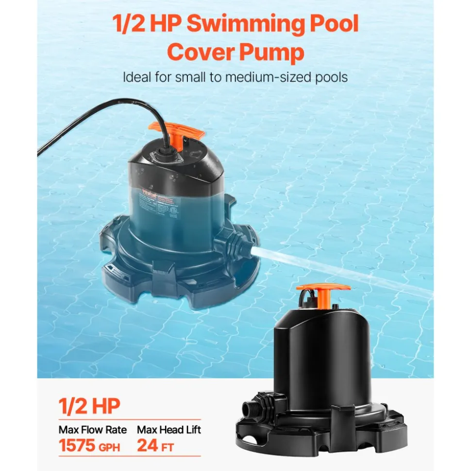 VEVOR Pool Cover Pump, 1/2 HP 1575 GPH, 120V Submersible Swimming Pool Cover Pump with 25 ft Power Cord, 24 ft Max Head Lift, Water Removal and Transfer Pump, for Pool Draining Inflatable Water Parks