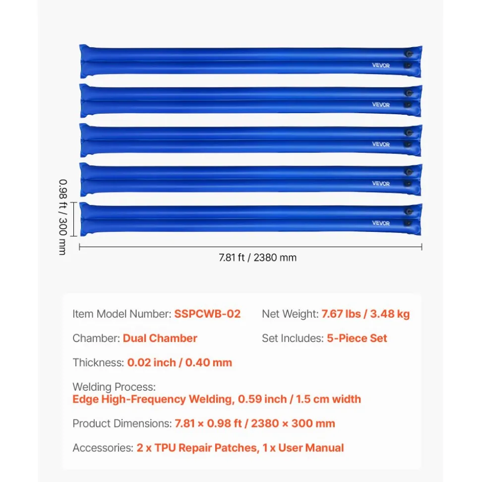 VEVOR Pool Cover Water Bags, 5 Packs 8 Ft, Double Chamber Pool Cover Water Tubes, 0.4mm Thick PVC Bags Weights with Leakproof Screw Cap, for Inground Swimming-Pool Covers Winter Closing, Blue