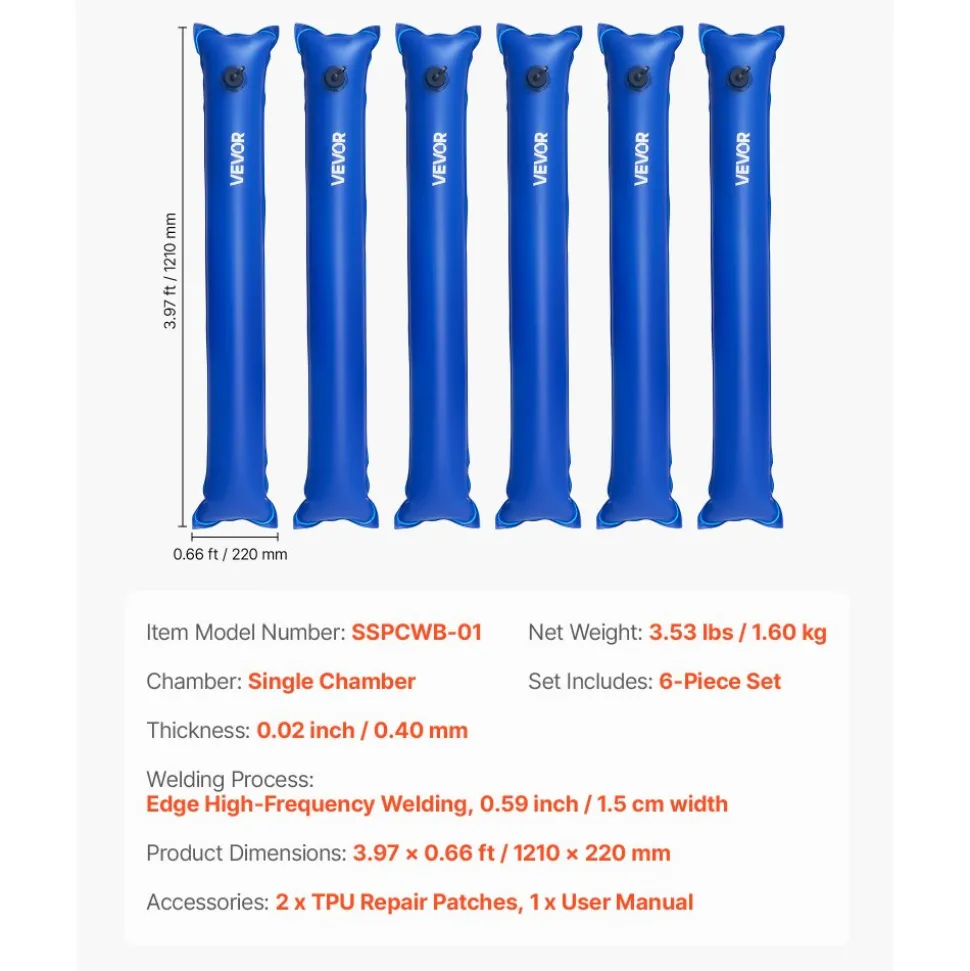 VEVOR Pool Cover Water Bags, 6 Packs 4 Ft, Single Chamber Pool Cover Water Tubes, 0.4mm Thick PVC Bags Weights with Leakproof Screw Cap, for Inground Swimming-Pool Covers Winter Closing, Blue