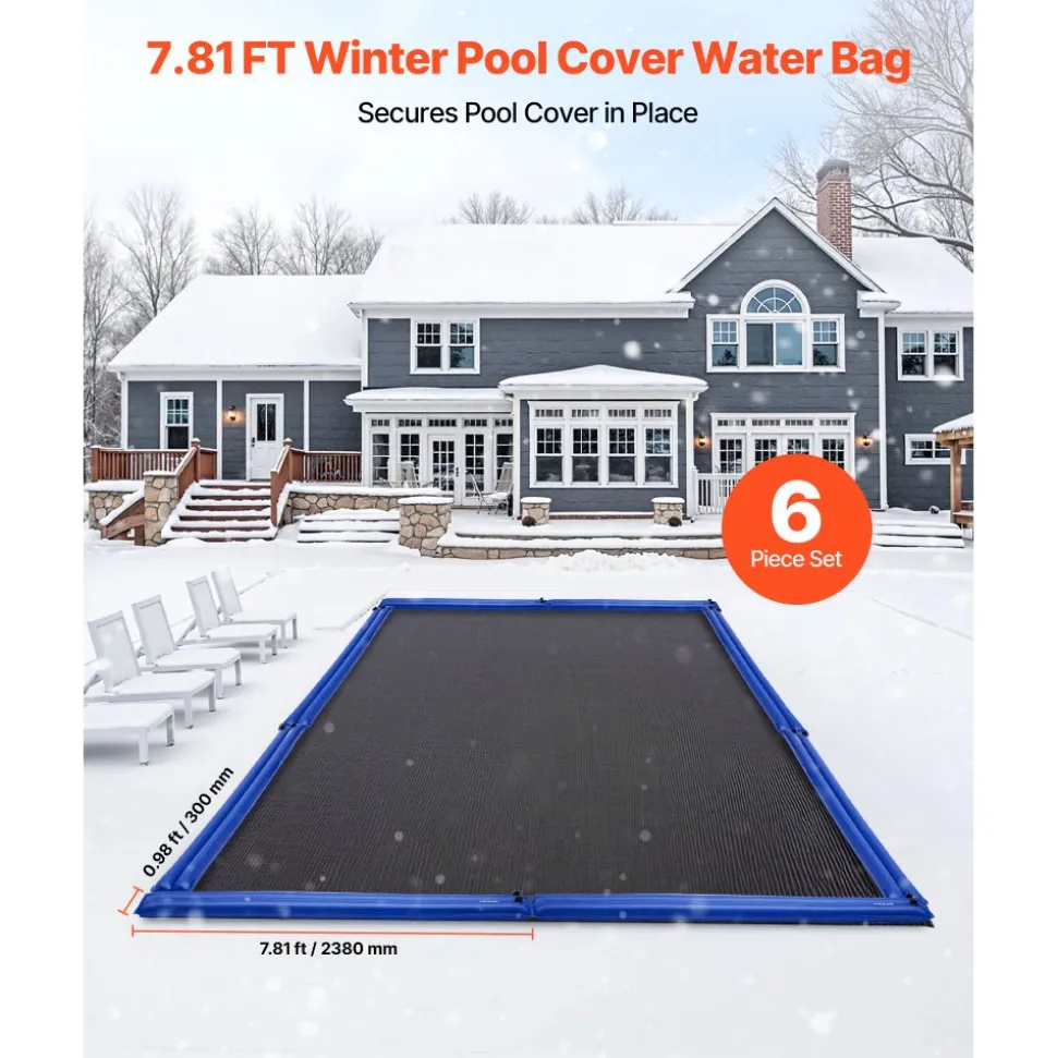 VEVOR Pool Cover Water Bags, 6 Packs 8 Ft, Double Chamber Pool Cover Water Tubes, 0.4mm Thick PVC Bags Weights with Leakproof Screw Cap, for Inground Swimming-Pool Covers Winter Closing, Blue