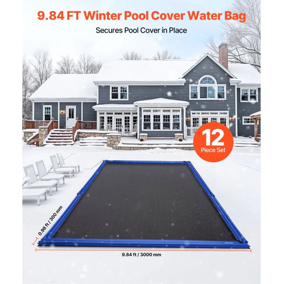 VEVOR Pool Cover Water Bags, 12 Packs 10 Ft, Double Chamber Pool Cover Water Tubes, 0.4mm Thick PVC Bags Weights with Leakproof Screw Cap, for Inground Swimming-Pool Covers Winter Closing, Blue