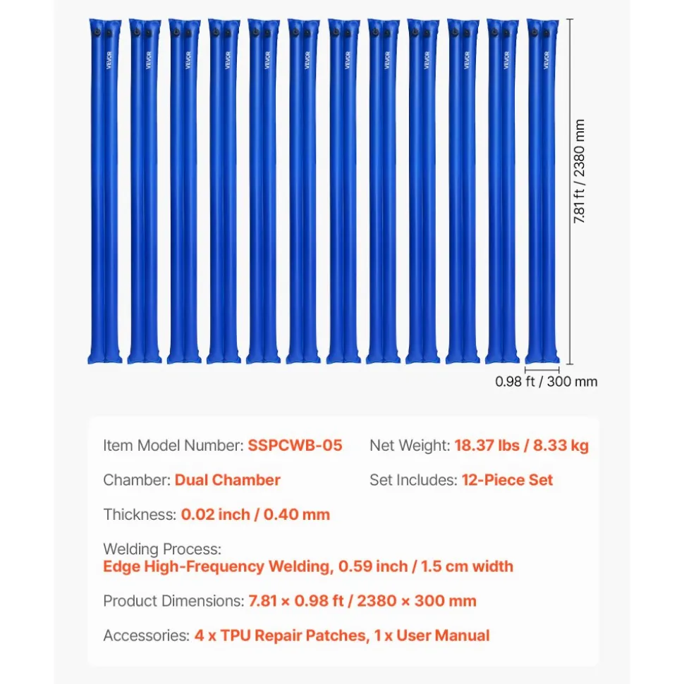 VEVOR Pool Cover Water Bags, 12 Packs 8 Ft, Double Chamber Pool Cover Water Tubes, 0.4mm Thick PVC Bags Weights with Leakproof Screw Cap, for Inground Swimming-Pool Covers Winter Closing, Blue