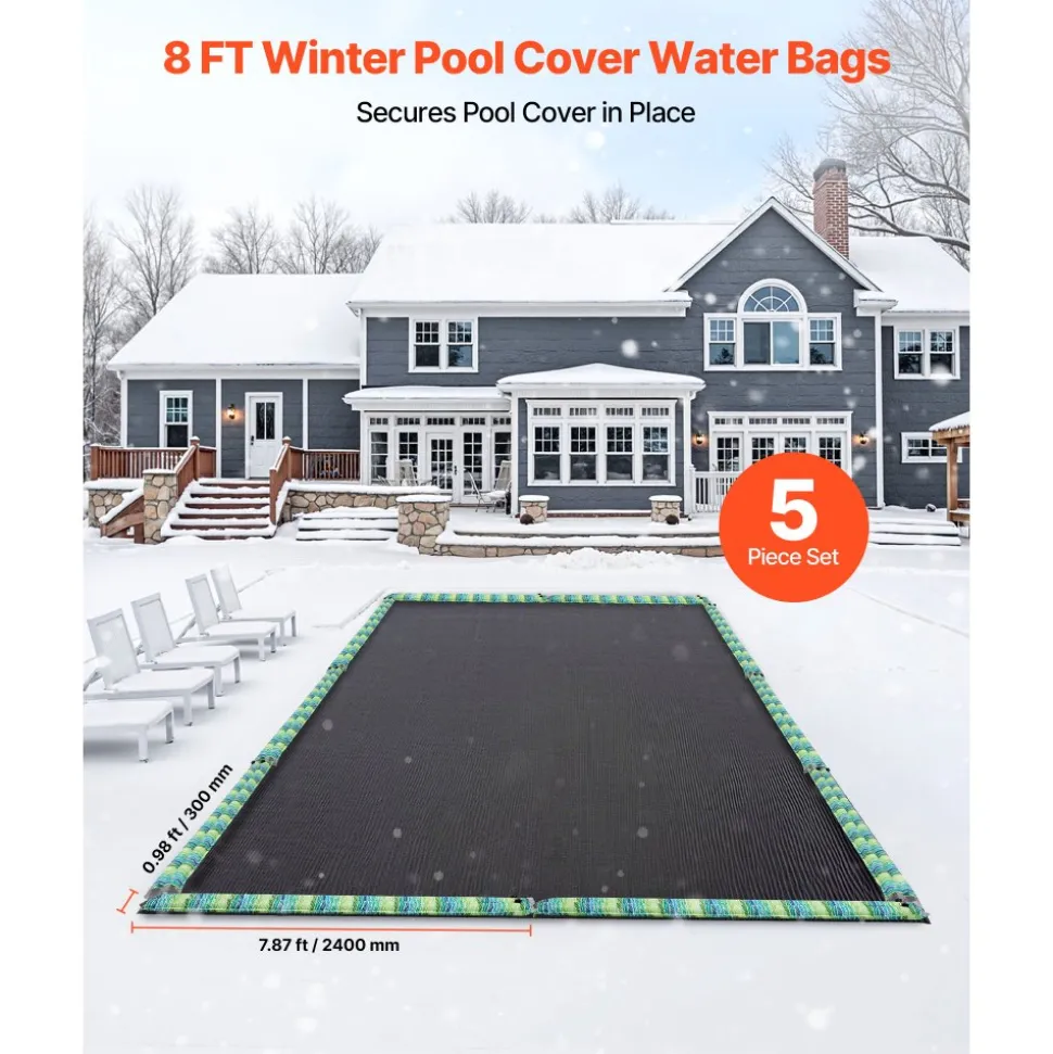 VEVOR Pool Cover Water Bags, 5 Packs 8 Ft, Double Chamber Pool Cover Water Tubes with Reflective Strips, 0.3mm Thick PVC Bags Weights with Leakproof Screw Cap, for Winter Inground Swimming-Pool Covers