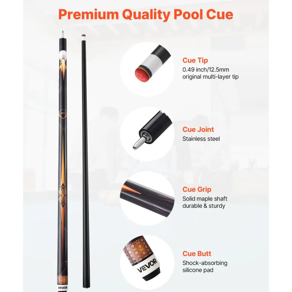 VEVOR Pool Cue, 1 Piece Pool Stick, 58 inch & 19 oz Canadian Maple Wood Billiard Pools Cue Stick with Multi-Layer Tip & ABS Connection Ring, Cues Sticks for Professional Pool Table, Bar, Home, Office