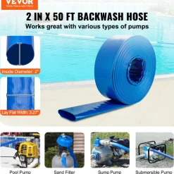 VEVOR Pool Drain Hose, 2 inch by 50 ft, Durable PVC Material, Includes Aluminum Camlock C & E Connectors and Clamps, Fits Pumps and Sand Filters, Ideal for Pool Water Removal, Blue