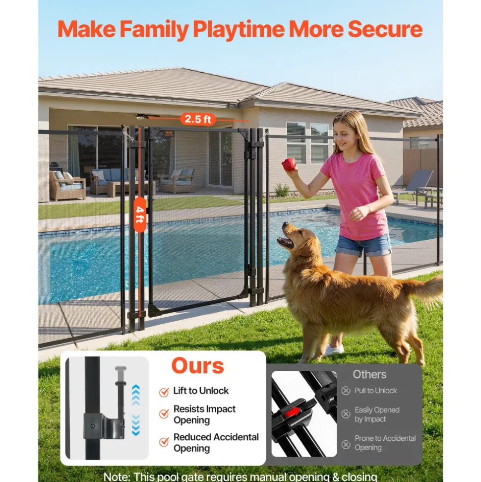VEVOR Pool Fence Gate, 4 x 2.5 ft Inground Swimming Pool Fences Gate, Outdoor Security Fencing Door Kit with Metal Latch and Stopper, 352 gsm Teslin PVC Mesh, Square Tube, Easy Installation, Black