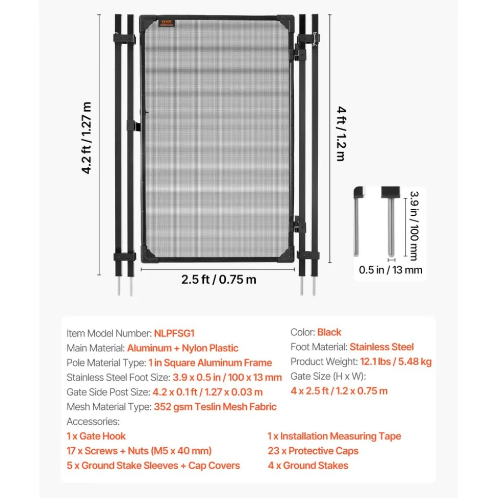 VEVOR Pool Fence Gate, 4 x 2.5 ft Inground Swimming Pool Fences Gate, Outdoor Security Fencing Door Kit with Metal Latch and Stopper, 352 gsm Teslin PVC Mesh, Square Tube, Easy Installation, Black