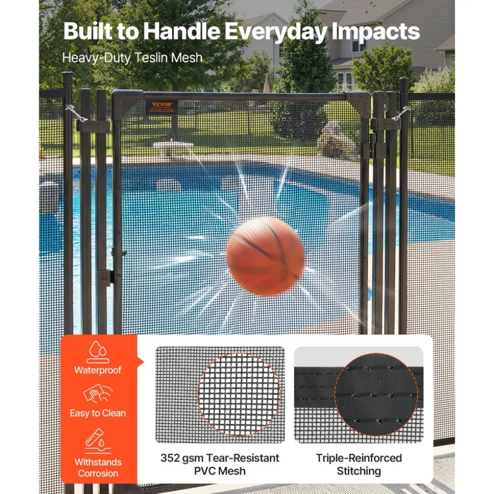 VEVOR Pool Fence Gate, 4 x 2.5 ft Inground Swimming Pool Fences Gate, Outdoor Security Fencing Door Kit with Metal Latch and Stopper, 352 gsm Teslin PVC Mesh, Square Tube, Easy Installation, Black