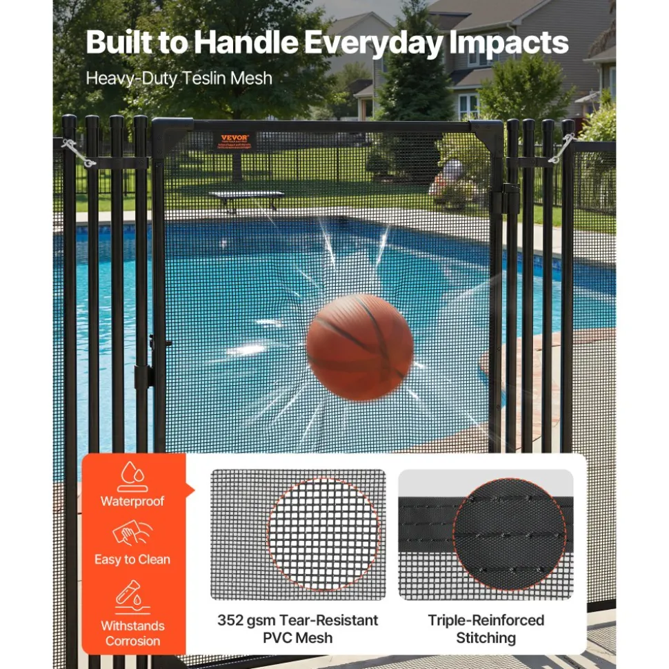 VEVOR Pool Fence Gate, 4 x 2.5 ft Inground Swimming Pool Fences Gate, Outdoor Security Fencing Door Kit with Metal Latch, 352 gsm Teslin PVC Mesh, Round Tube, Lockable and Easy Installation, Black