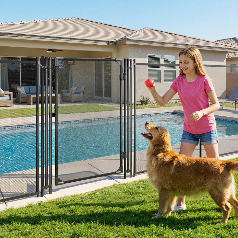VEVOR Pool Fence Gate, 4 x 2.5 ft Inground Swimming Pool Fences Gate, Outdoor Security Fencing Door Kit with Metal Latch, 352 gsm Teslin PVC Mesh, Round Tube, Lockable and Easy Installation, Black